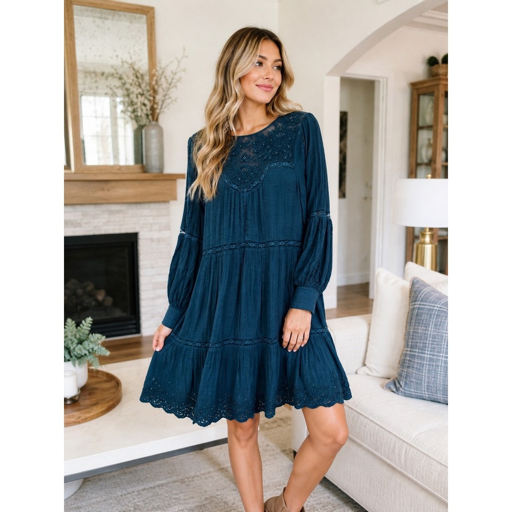 Anthropologie Embroidered Lace Mesh Mini Dress Teal Blue Boho Long Sleeve M